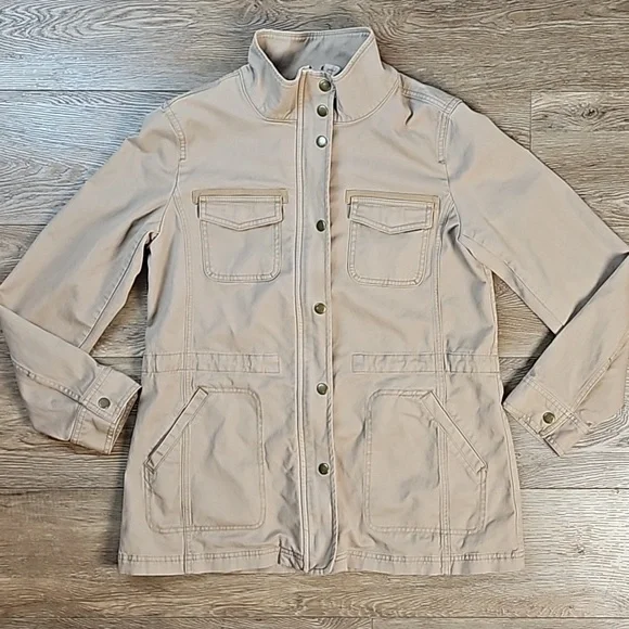 Talbots Stretch Twill Khaki Tan Cinch Waist Zip & Snap Front Field Jacket - Picture 3 of 16